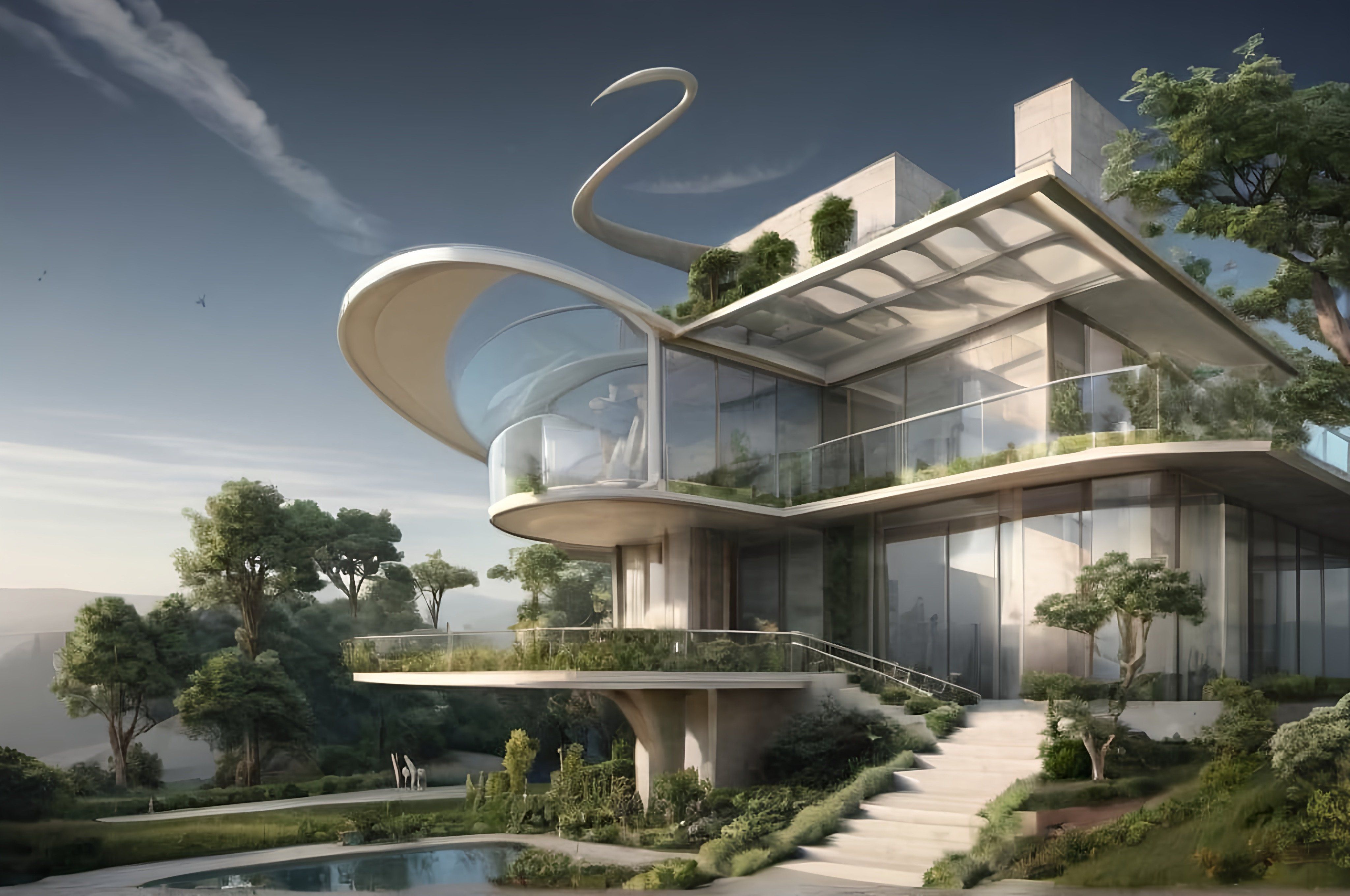 Prompt: a futuristic house with a spiral staircase and a pool in the foreground, surrounded by trees and bushes, environmental art, solarpunk, a digital rendering