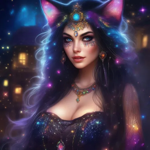 Prompt: A complete body form of a stunningly beautiful, hyper realistic, buxom woman with incredible bright, cat like eyes wearing a colorful, sparkling, dangling, glowing, skimpy, boho, goth,  flowing, sheer, fairy, witch's outfit on a breathtaking night with stars and colors with glowing, detailed sprites flying about