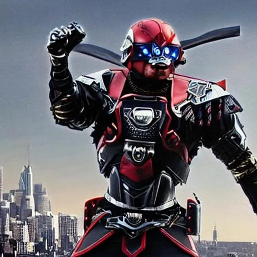 Prompt:  Hyper realistic urban Superhero, with a high tech Costume Design based on Samurai armor, primarily black with Red trim, connected to a Flying armored go-cart, from the waist down. He is flying above a downtown cityscape. Highly detailed and futuristic. Body-builder sized chest and arms. With the initials JP, on his Chest Plate.