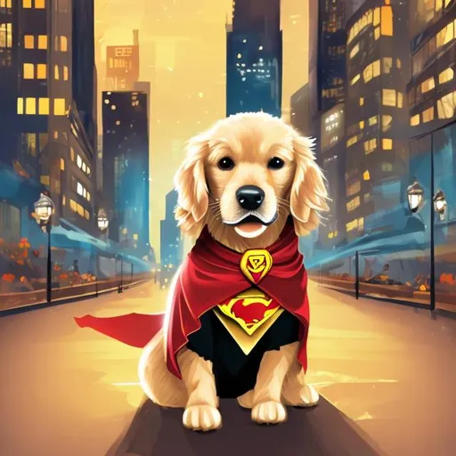 Prompt: golden retriever superhero, wearing a cape, busy city background
