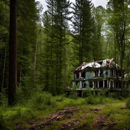 Prompt: An abandoned house in the forest with corpses, 4k, photo