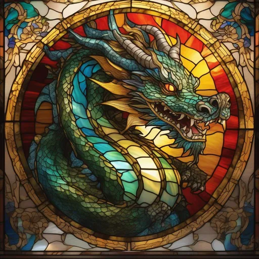 Prompt: a vibrant stained glass art piece of one highly detailed Chinese dragon facing front, Rays of sunlight shine through the window, ((Tiffany style)), day lighting, intricate, elegant, dynamic pose, highly detailed, highest quality, 8k, digital painting, sharp focus, cinematic, ultra-high resolution, (bright colors), 