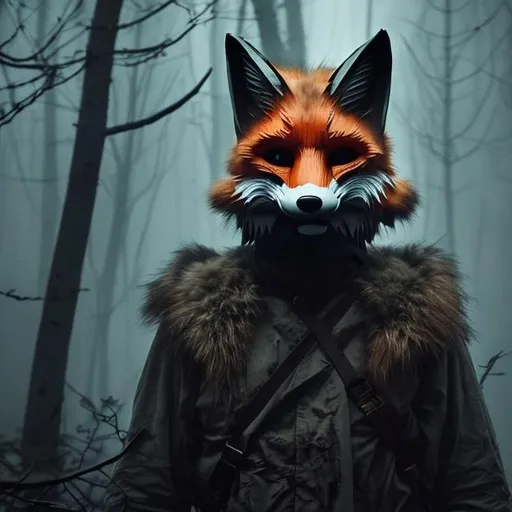 Prompt: The color photo depicts a man wearing a fox mask or helmet, whose enigmatic and mysterious appearance is enhanced by the use of low key lighting and shallow depth of field. The image is set in a dark and eerie forest, illuminated by the moonlight and shrouded in shadows that add to its unsettling atmosphere. The man's alluring and captivating presence is enhanced by the use of Kodak Tri-X 400 film, which gives the image a grainy and textured quality that adds to its otherworldly feel. 

The mood and feelings conveyed by the image are enigmatic, secretive, mischievous, curious, eerie, and otherworldly, all of which are enhanced by the use of unusual collaborators such as Guillermo del Toro, Emmanuel Lubezki, Tim Burton, Rick Owens, and Thom Yorke. These collaborators bring their unique perspectives and creative visions to the image, adding to its mysterious and captivating qualities. 

Overall, the photo is a haunting and intriguing work of art that invites the viewer to explore its secrets and discover the hidden meanings behind its enigmatic and alluring imagery.