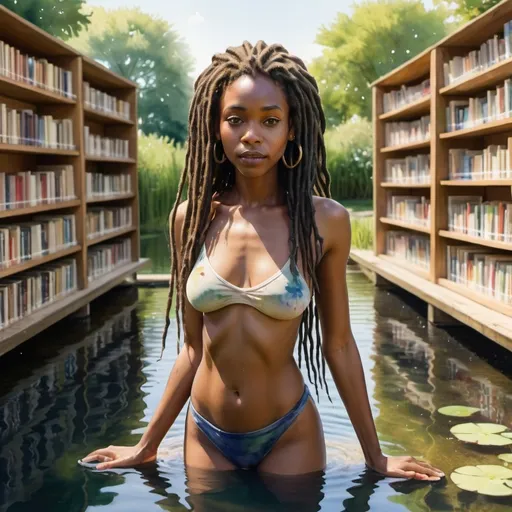 Prompt: a black woman, beautiful face, long dreadlocks, swimming, outside, small pond surrounded by bookshelves, see-through clothes, no top, a-cup, no bottom, sunlight, watercolour
