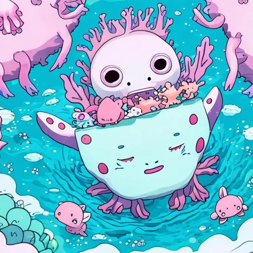 Prompt: Axolotl swimming in ocean Kawaii themed cute baby eating humans alive creepy funny