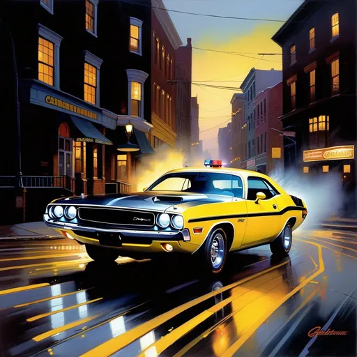 Prompt: Yellow Dodge Challenger 1970, car chase, cops, damaged, Pittsburgh at night, warm atmosphere, cartoony, extremely detailed painting by Greg Rutkowski and by Henry Justice Ford and by Steve Henderson.