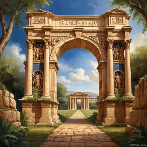 Prompt: a triumphal arch, roman architecture of the 1st century, , ancient scene, with historical details, roman empire period, painting style