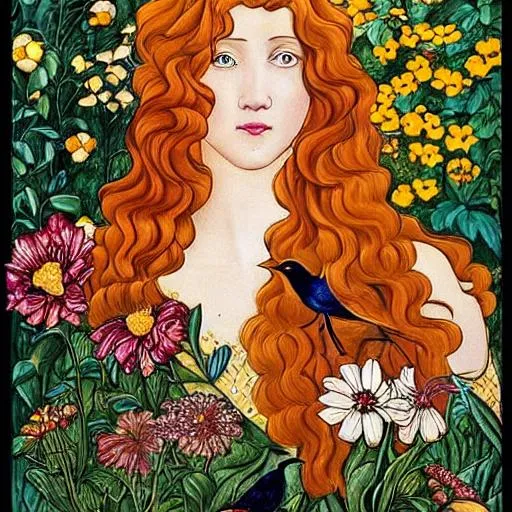 Prompt: auburn haired woman golden dress planting flowers with blackbirds black bird botticelli art nouveau