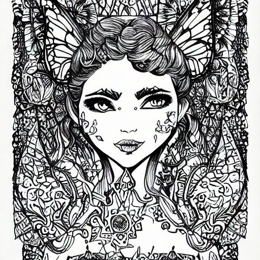 Prompt: Fairy Woman, Premium Coloring Page for Adults, Dark and Light Variations, Instant Download, 4k ultra, Square Image on A4 paper, JPEG