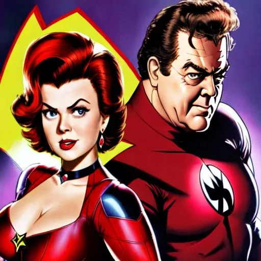 Prompt: photorealstic 90s marvel superhero movie poster of barbara hale as scarlet witch with raymond burr as deadpool 