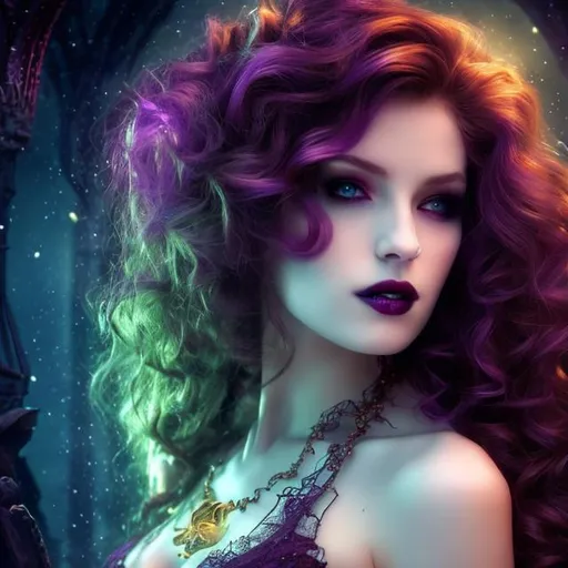 Prompt: HD, 4K, 3D, Stunning, magic, cinematic camera, gothic beauty, ethereal,gothic enchanted,gothic queen, light contrast, long curly redhead hair, gorgeous curly hair,lovely, tender, purple light, purple and green sunstrails, moon glow, perfect female beauty, intricate, pale traslucent skin, golden ratio, look in camera, gorgeous eyes