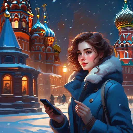 Prompt: Third person, gameplay, Russian girl, pale skin, freckles, curly brown hair, brown eyes, 2020s, smartphone, Moscow, night, snow, blue atmosphere, cartoony style, extremely detailed painting by Greg Rutkowski and by Henry Justice Ford and by Steve Henderson 