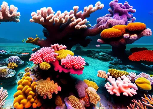 Prompt: long shot scenic professional photograph of coral reef, perfect viewpoint, highly detailed, wide-angle lens, hyper realistic, polarizing filter, natural lighting, vivid colors, depth of field, ray tracing, everything in sharp focus, 600dpi, HDR, UHD, 64K