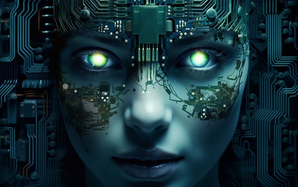 Prompt: circuit board with a human face from the point of view of the image, in the style of signe vilstrup, futuristic robots, mary jane ansell, uhd image, high resolution, shiny eyes, caras ionut