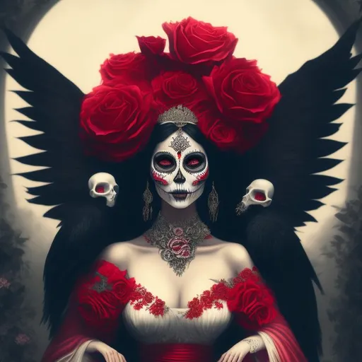 Prompt: a woman in a red and white dress holding a skull, cgsociety contest winner, gothic art, beeple and jeremiah ketner, she is the queen of black roses, dia de los muertos. 8 k, gorgeous 3d render, la catrina, creepy clown girl, detailed 4 k painting, loli, fantasy highly detailed, an elegant gothic princess