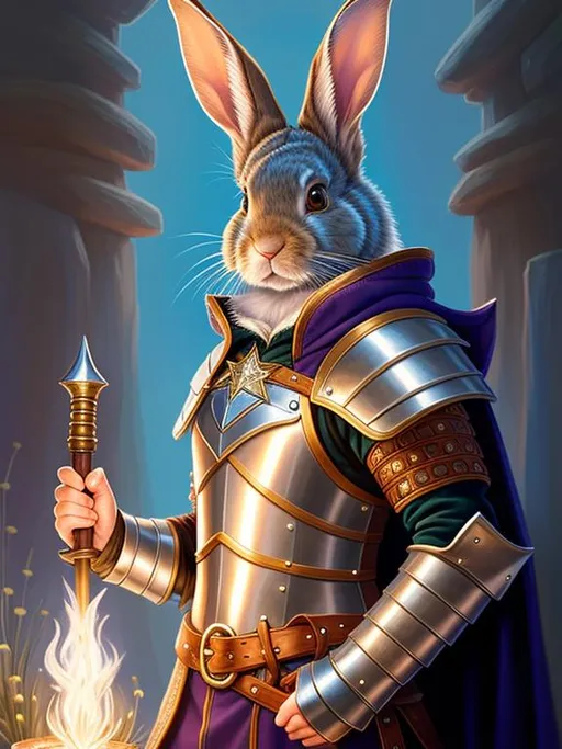 Prompt: Hyperdetailed portrait of a rabbit wizard character wearing star-forged leather armor, cozy fantasy magic atmosphere
