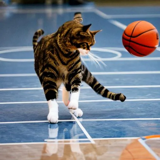 Prompt: photo of a cat playing basket ball
