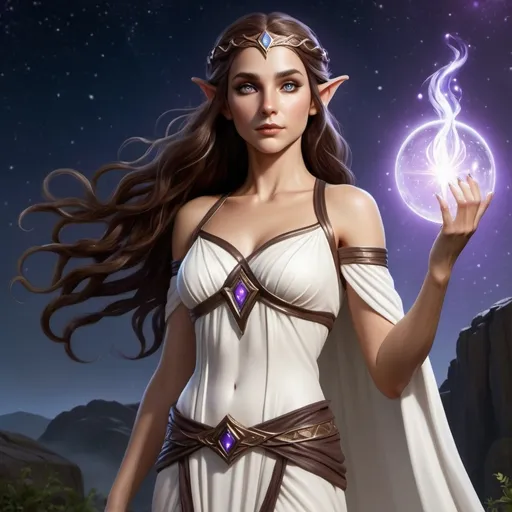 Prompt: Full body, hyper-realistic female elf character, she is a sorceress, she has violet eyes, she has long dark brown auburn wavy hair, she has tan skin, she has black eye brows and eye lashes, She is a goddess of light, she is average height with an hour glass body shape, she is wearing a white grecian goddess like gown, a bright light emanates around her, high quality, rpg-fantasy, detailed, night sky background