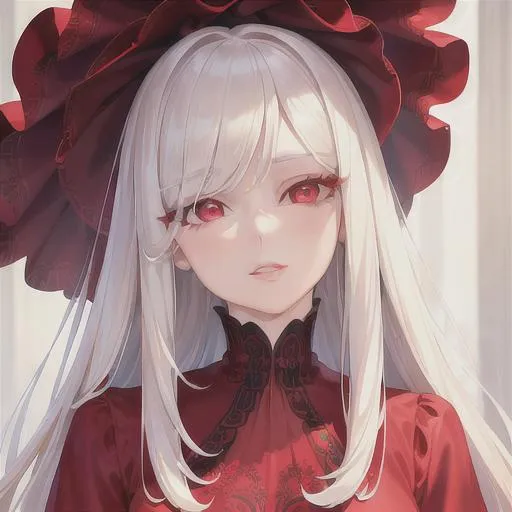 Prompt: (masterpiece, illustration, best quality:1.2), medium pure white hair, red eyes, wearing red silky nightgown, best quality face, best quality, best quality skin, best quality eyes, best quality lips, ultra-detailed eyes, ultra-detailed hair, ultra-detailed, illustration, colorful, soft glow, 1 girl, happy expression