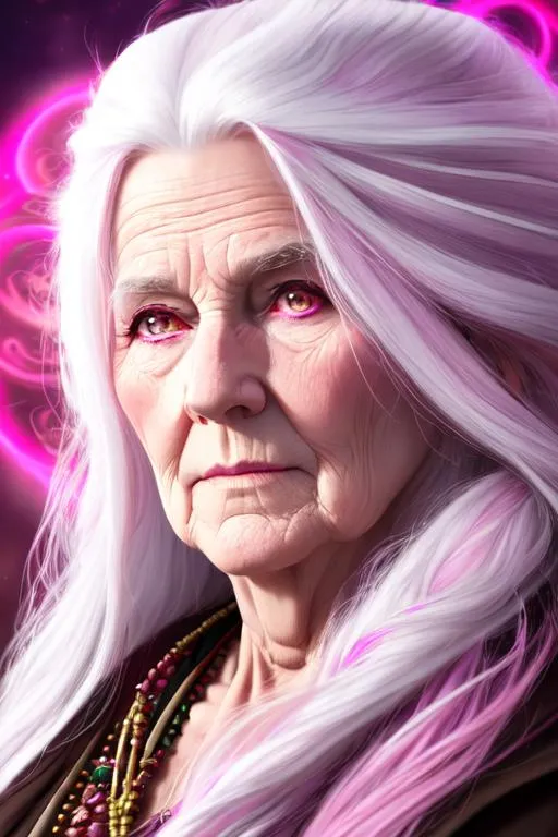Prompt:  Old female druid elder,  long white hair, hippie style, pink accents, using fire magic, wrinkles on face, pale skin, solid pink eyes, perfect composition