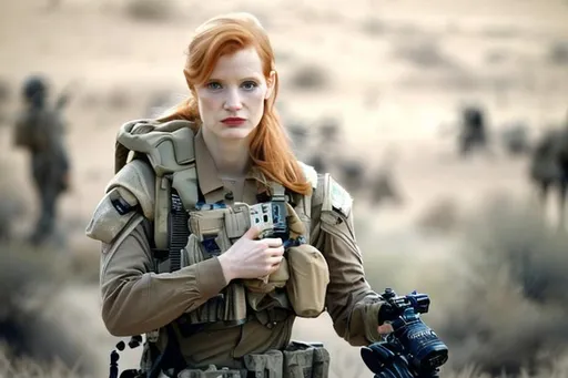 Prompt: beautiful jessica chastain, army combat correspondent, cameraman, army uniform, desert tan, scifi, futuristic