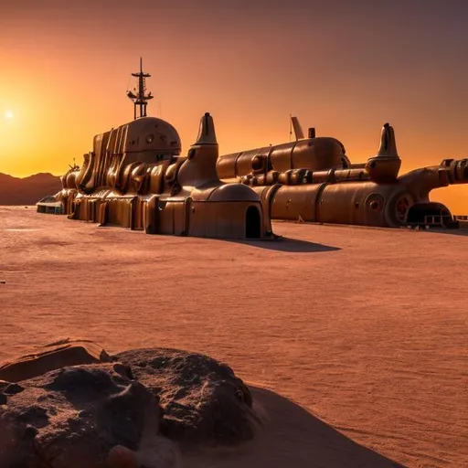 Prompt: giant port in the desert with a gigantic submarine, hyperrealistic imaging, extremely detailed, sunrise, 8K