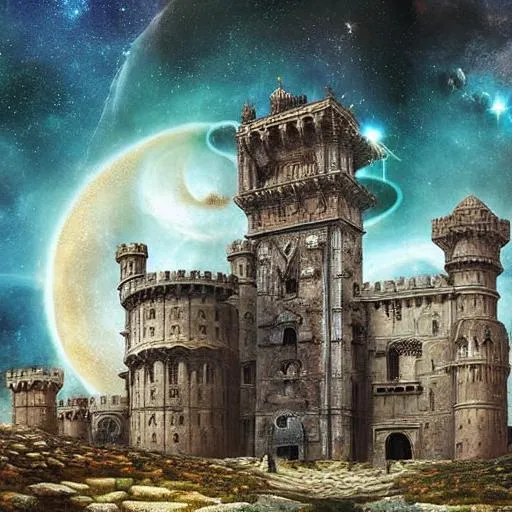 Prompt: hyperdetailed ancient medieval castle, hubble cosmic galaxy nebula stars milkyway Colossal moon, Meticulously hyperdetailed matte painting composite photograph
