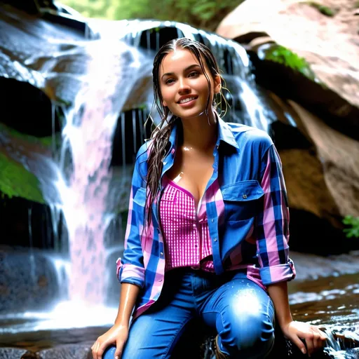 Prompt: photo of young woman, soaking wet clothes, Hiking boots, Pink denim cargo shirt, Blue checked shirt unbuttoned showing cleavage,  , Under a waterfall ,   enjoying, water dripping from clothes, clothes stuck to body,  detailed textures of the wet fabric, wet face, wet plastered hair,  wet, drenched, professional, high-quality details, full body view.