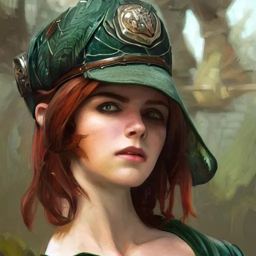 Prompt: portrait of young woman, rugged, fenenine, handsome, upper body, red hair, short hair, green eyes, gren clothes, tall hat, D&D, fantasy, intricate, elegant, highly detailed, digital painting, artstation, concept art, cutscene, sharp focus, illustration, art by Artgerm and Greg Rutkowski and Alphonse Mucha