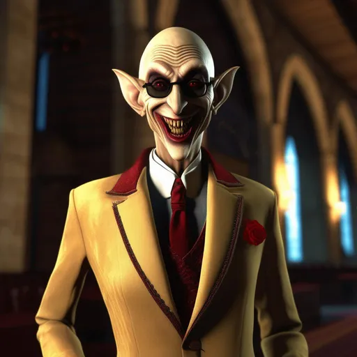 Prompt: Nosferatu vampire from "Vampire The Masquerade", female Nosferatu, ugly vampire, monstrous facial features, cursed, disfigured, Clan Nosferatu, vampire hacker, wearing glasses, wearing a vicuna business suit, delighted smirk, amused expression, raw photo, photorealistic, full body image, High Detail, dramatic pose, UHD, realistic, sharp focus, 8K high definition, insanely detailed, intricate, high quality, real, Alive, real skin textures,