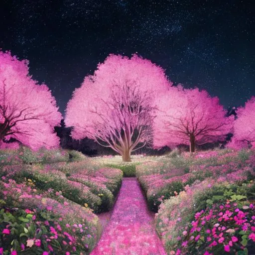 Prompt: night starry sky and  pink gardens

