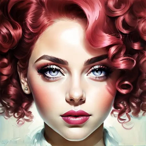 Prompt: woman with big  eyes and carmine lips, curly pink hair, lips, pink cheeks