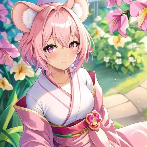 Prompt: Human girl, light-skinned-female, beautiful, pink hair, short hair, pink-eyed iris, mouse ears, rosy cheeks, pink kimono, looking satisfied, looking at the viewer, focus female, garden.