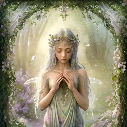 Prompt: (watercolor style), (Faerie Goddess of Peace and Tranquility), ethereal garden filled with ghost flowers, warm color scheme, soft and dreamy light, delicate floral details, serene atmosphere, gentle wisps of mist, harmonious floral arrangements, tranquil emotions radiating, enchanting background with lush greenery, enchanting accents, high quality, ultra-detailed, magical aura surrounding the scene.