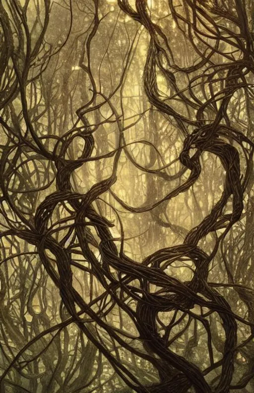 Prompt: Densely tangled forest branches by Shaun Tan and Eywind Earle, trending on artstation, evocative, highly detailed. japanese Art Nouveau,  Symbolism, Ornamental, Brad Kunkle
