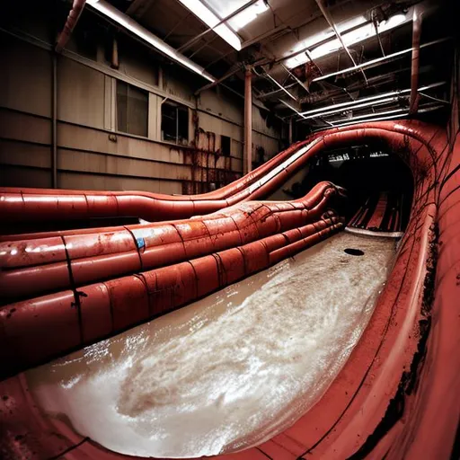 Prompt: Indoor water slides empty dirty vomit dilapidated night dim lighting red dirty dry dark drain meat flesh nightmare holes deep empty