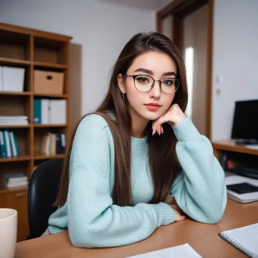 Prompt: Girl’s dorm room, shy lonely self conscious 18-year-old girl, atmosphere of sadness, in skirt and sweater, taking selfie while sitting at desk.  Cute and slim with glasses. Detailed face and expression, atmosphere of feeling alone