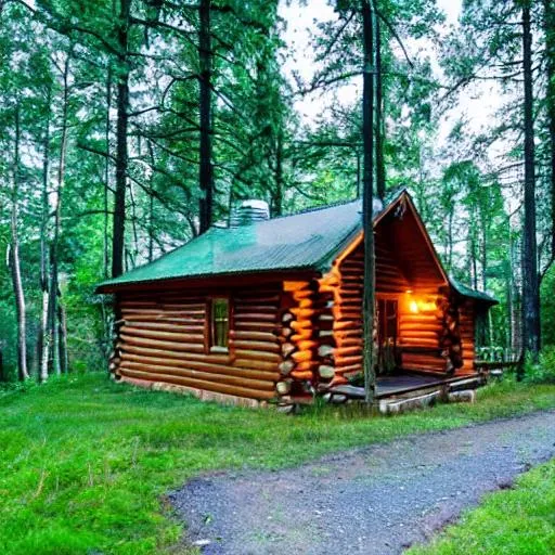 Prompt: log cabin in a forest on top of a hill with a long driveway clean and crisp background