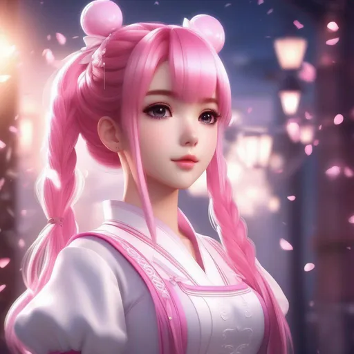 Prompt: 3d anime woman pink pigtails hair and white dress and beautiful pretty art 4k full HD