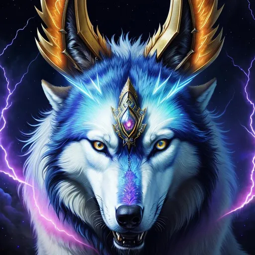 Prompt: insanely beautiful (wolf), ancient, celestial guardian, quadrupedal canine, growling, glaring, global illumination, psychedelic colors, illusion, finely detailed, calm, detailed face, beautiful detailed eyes, beautiful defined detailed legs, beautiful detailed shading, masterpiece, professional oil painting, epic digital art, best quality, slender, highly detailed body, (lightning halo), tilted halo, {body crackling with lightning}, billowing wild fur, dense billowing mane, lilac magic fur highlights, majestic wolf queen, magic jewels on forehead, lightning blue eyes, flaming eyes, ice elements, {auroras} fill the sky, {ice storm}, crackling lightning, (lightning halo), tilted halo, corona behind head, highly detailed pastel clouds, lightning charged atmosphere, full body focus, presenting magical jewel, beautifully detailed background, cinematic, Yuino Chiri, Anne stokes, Kentaro Miura, 64K, UHD, intricate detail, high quality, high detail, golden ratio, symmetric, masterpiece, intricate facial detail, high quality, detailed face, intricate quality, intricate eye detail, highly detailed, high resolution scan, intricate detailed, highly detailed face, very detailed, high resolution, medium close up, close up