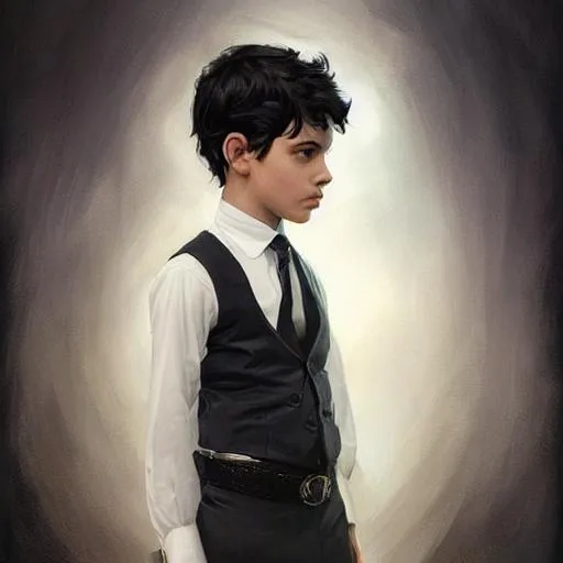 Prompt: portrait of a boy, young, short black hair, pale, black suit, fantasy, side view, intricate, elegant, highly detailed, digital painting, artstation, concept art, smooth, sharp focus, illustration, art by artgerm and greg rutkowski and alphonse mucha