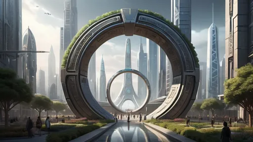 Prompt: human-scale circular portal, portal between different cities realms worlds kingdoms, ring standing on edge, upright ring, freestanding ring, hieroglyphs on ring, complete ring, obelisks, futuristic towers, garden plaza, hotels, office buildings, shopping malls, large wide-open city plaza, futuristic cyberpunk dystopian setting