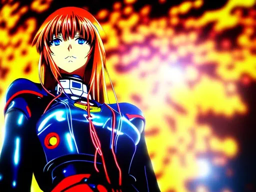 Prompt: female Asuka!! Neon Genesis Evangelion, vintage anime tv series, biomechanical, action horror, gothic cyberpunk, hyper detailed, hyperrealism, cinematic, depth perception, sharp focus, masterpiece, award winning, high resolution, rich deep colors, composition of perspective fractal grids, science of energy, signal processing, art by yoshitaka amano and yukito kishiro and yoshiyuki sadamoto, 8K