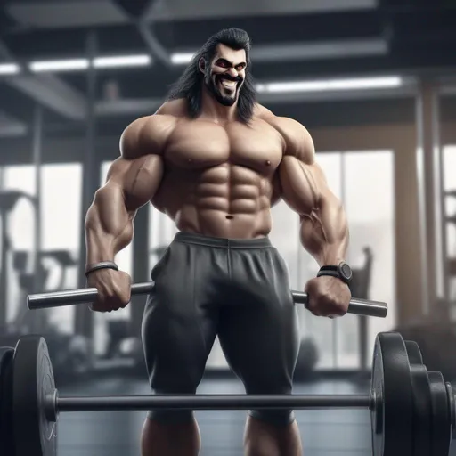 Prompt: Lobo goes to the gym and he is smiling, talking at the phone as gorgeous girl look at him, the gym is big, and lobo is lifting a huge weight . Realistic photography