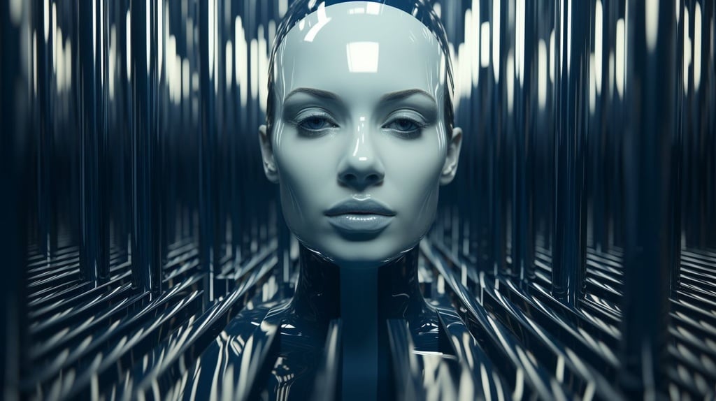Prompt: a picture of a head within a glass, in the style of video feedback loops, stripes and shapes, machine aesthetics, light silver and dark navy, future tech, alex ross, calming and introspective aesthetic