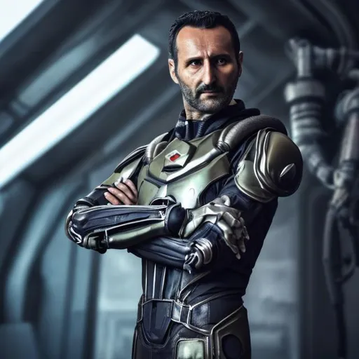 Prompt: sci fi pilot dark 
caucasian italian male 40 years old metal right arm
