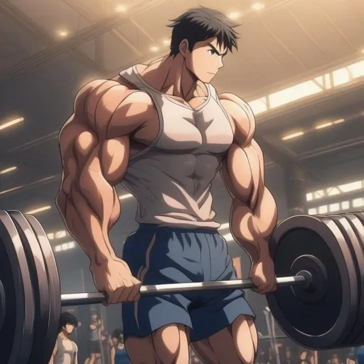 Prompt: picture of a muscular anime character  lifting weights, highly detailed, hd, hayao miyazaki, perfect body, perfect arms, perfect picture