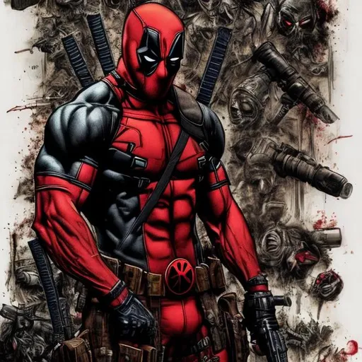 Prompt: Deadpool variant. muscular. dark gritty. Bloody. Hurt. Damaged. Accurate. realistic. evil eyes. Slow exposure. Detailed. Dirty. Dark and gritty. Post-apocalyptic. Shadows. Sinister. Intense. 