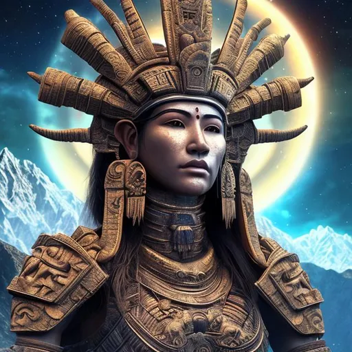 Prompt: (extremely detailed) (hyper realistic) (sharp detailed) (cinematic shot) (masterpiece)female inca god from above, centered,selfie pose, fullbody view, moonlight,  extraordinary shot, night sky, mountains, river, stars, nebula ,clouds, stunning beauty, 3D illustration, high resolution, reflactions.