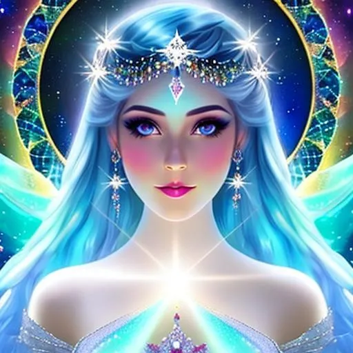 Prompt: White prism, cosmic,etherial, fairy, goddess of light , blue hair and eyes, facial closeup
